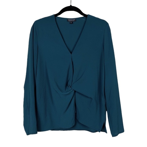 Topshop Green V-Neck Draped Stretch Long Sleeve Blouse Top Size 6 - Picture 1 of 6